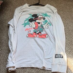 Neff White Long Sleeve Tee with Pink & Teal Mickey Graphic